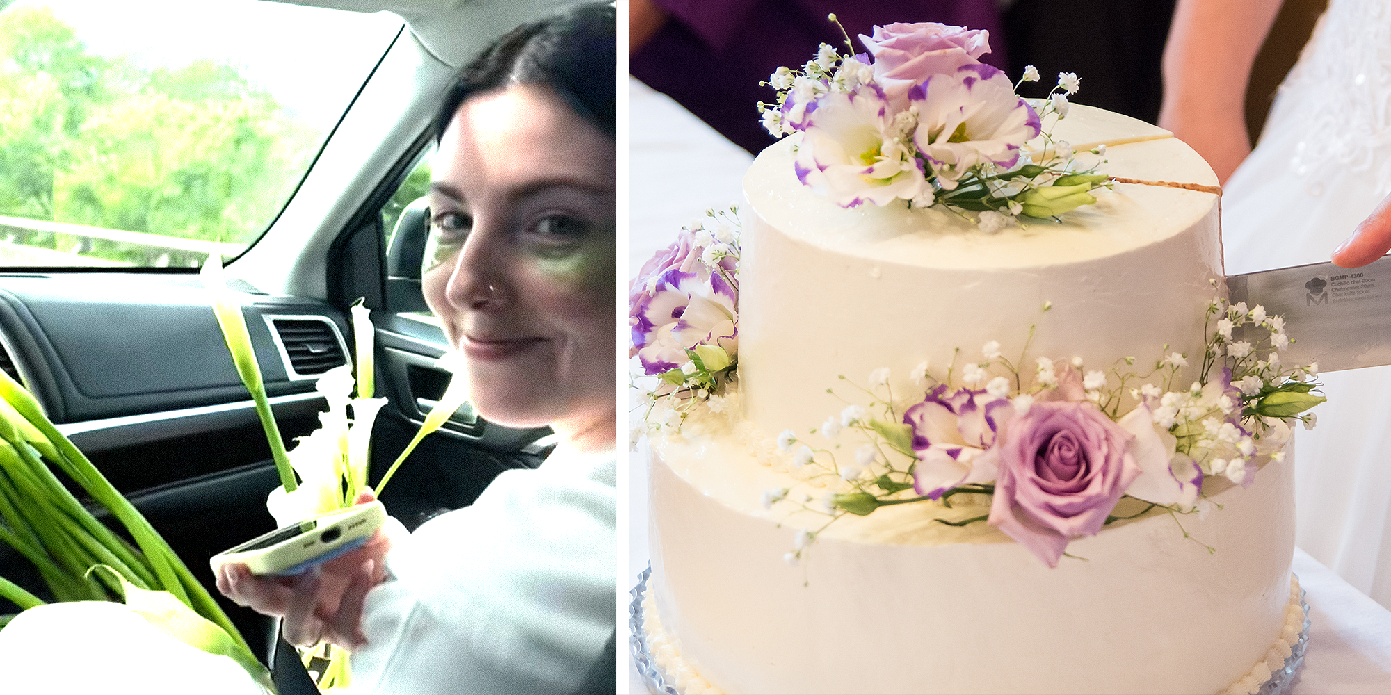 Woman holding phone and smiling on left. Wedding cake on right.