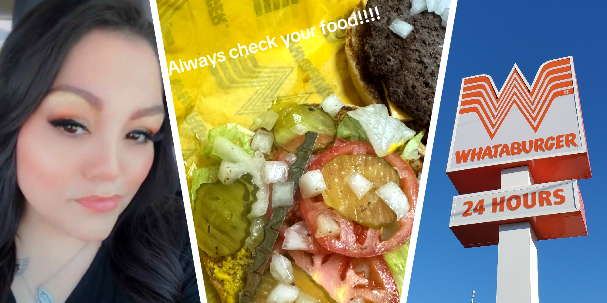 3 panel image of a person's face, an open cheeseburger in a Whataburger wrappper and the Whataburger sign.