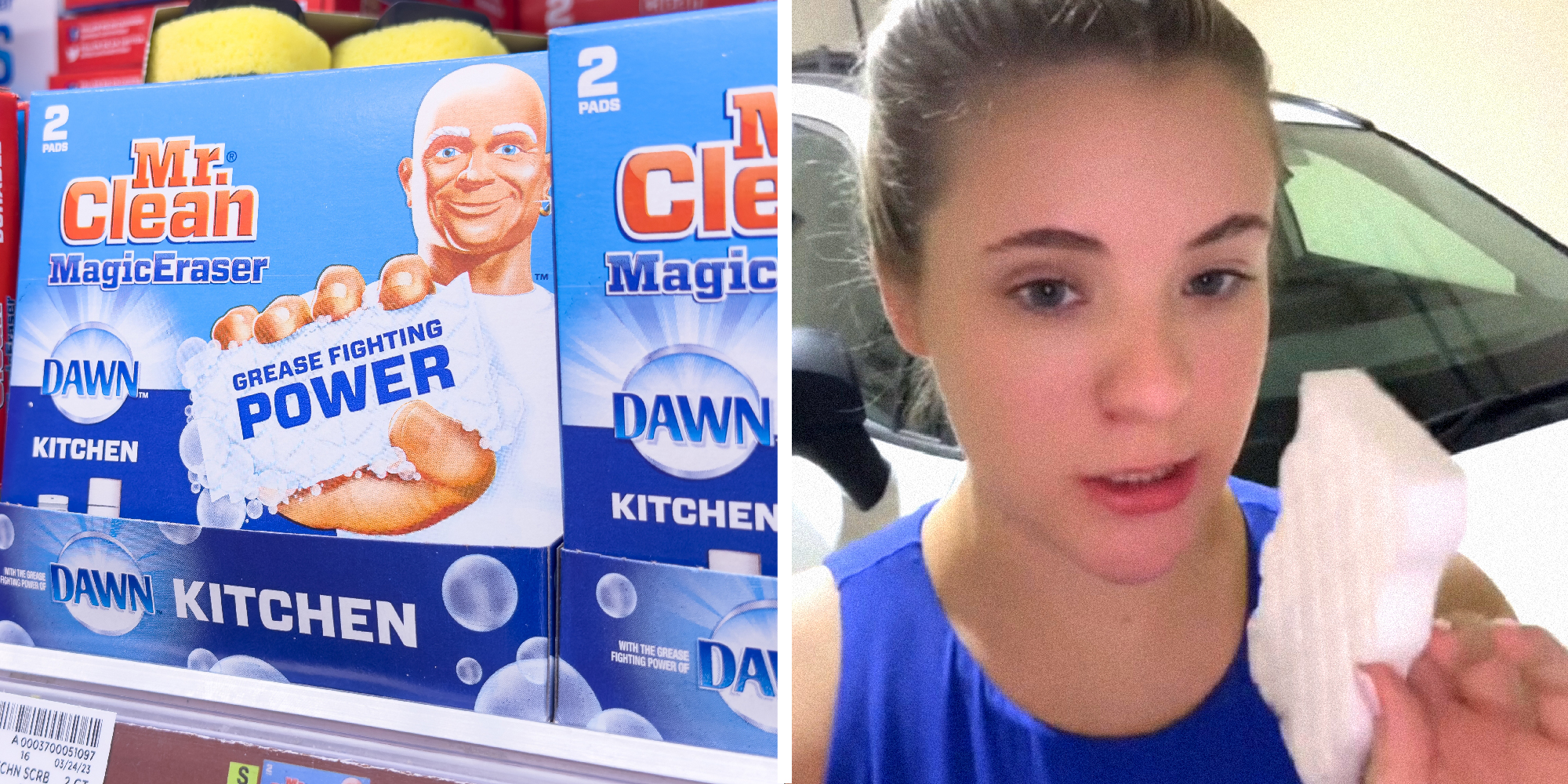 2 panel image: on the left we see boxes of Mr. Clean Magic Erasers. On the right a person stands in their garage and explains.