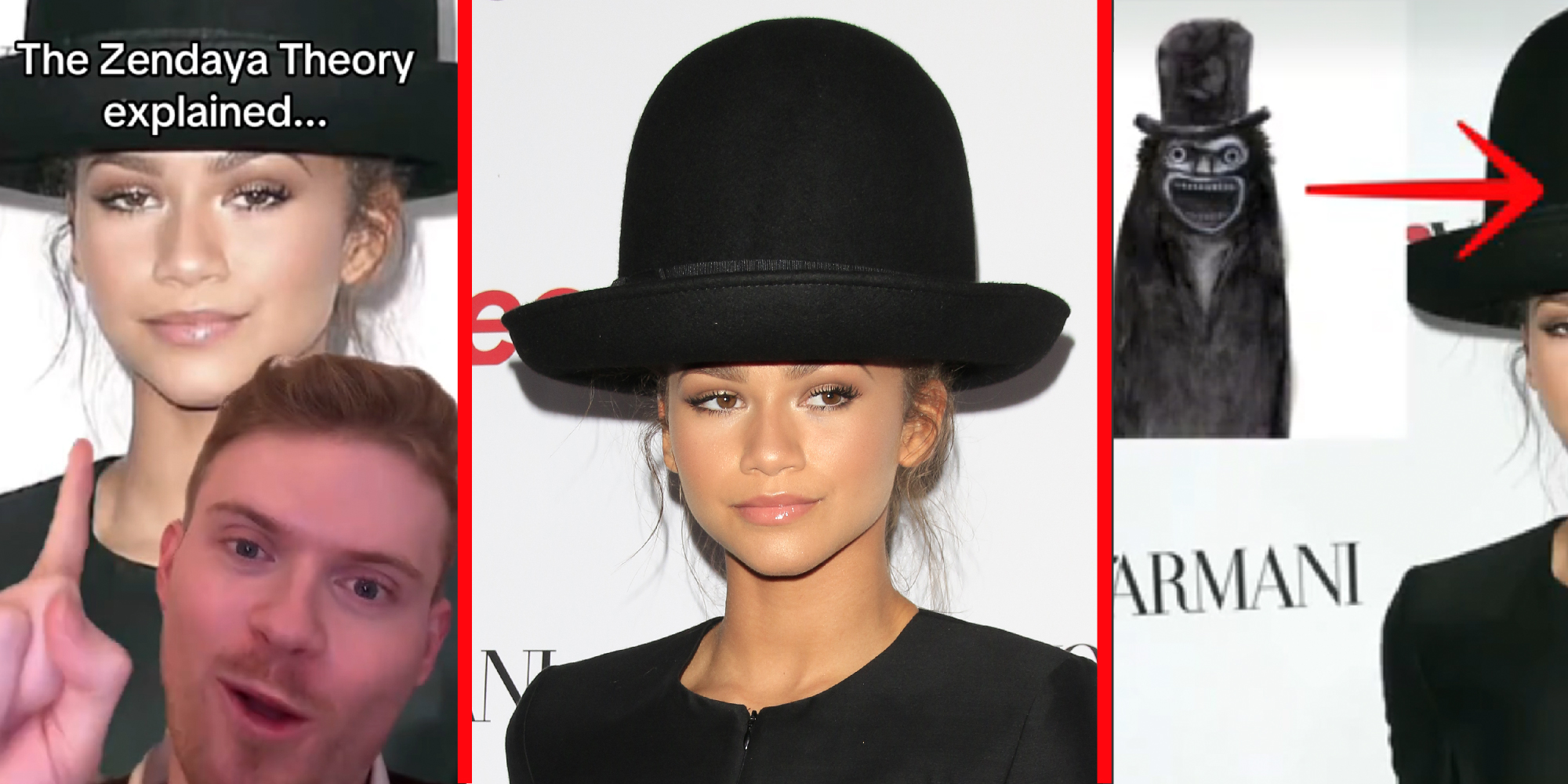 3 panel image: on the sides are examples of people posting about the theory and in the middle is a picture of Zendaya wearing the infamous hat.