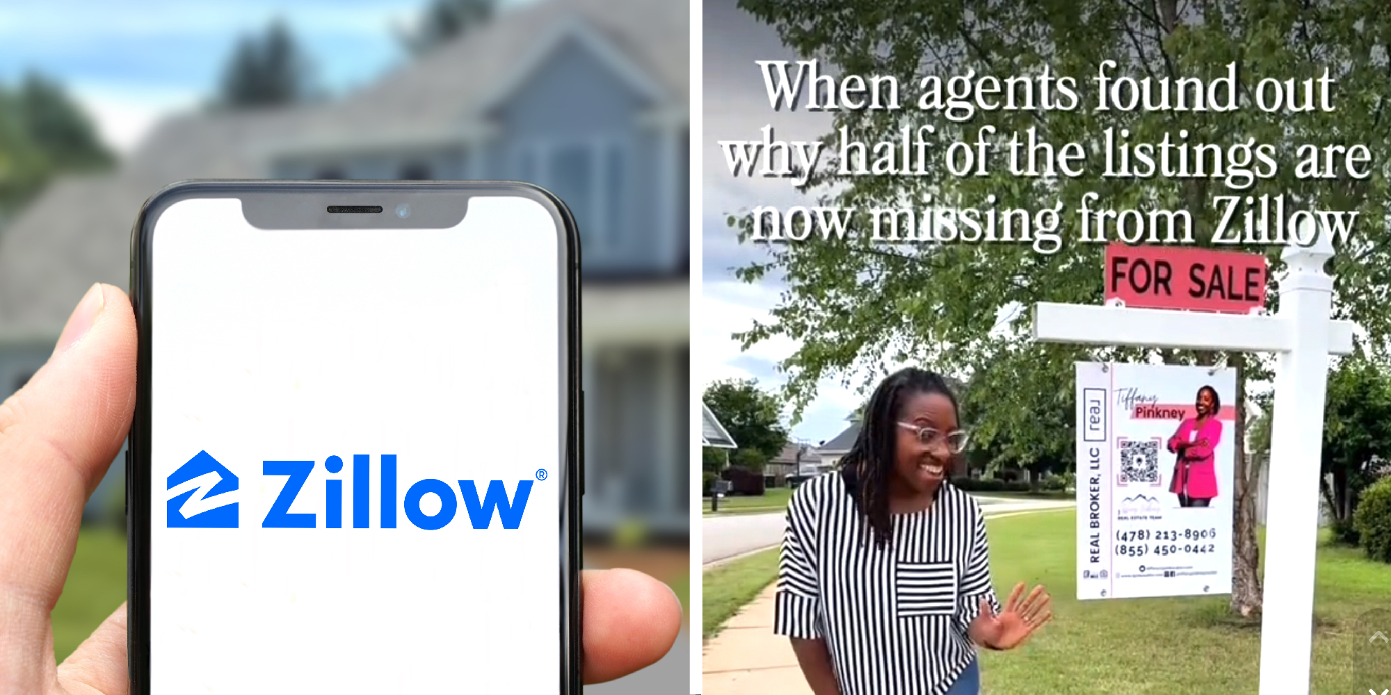 2 panel image showing the Zillow logo on a phone and a person standing in front of a home for sale sign.