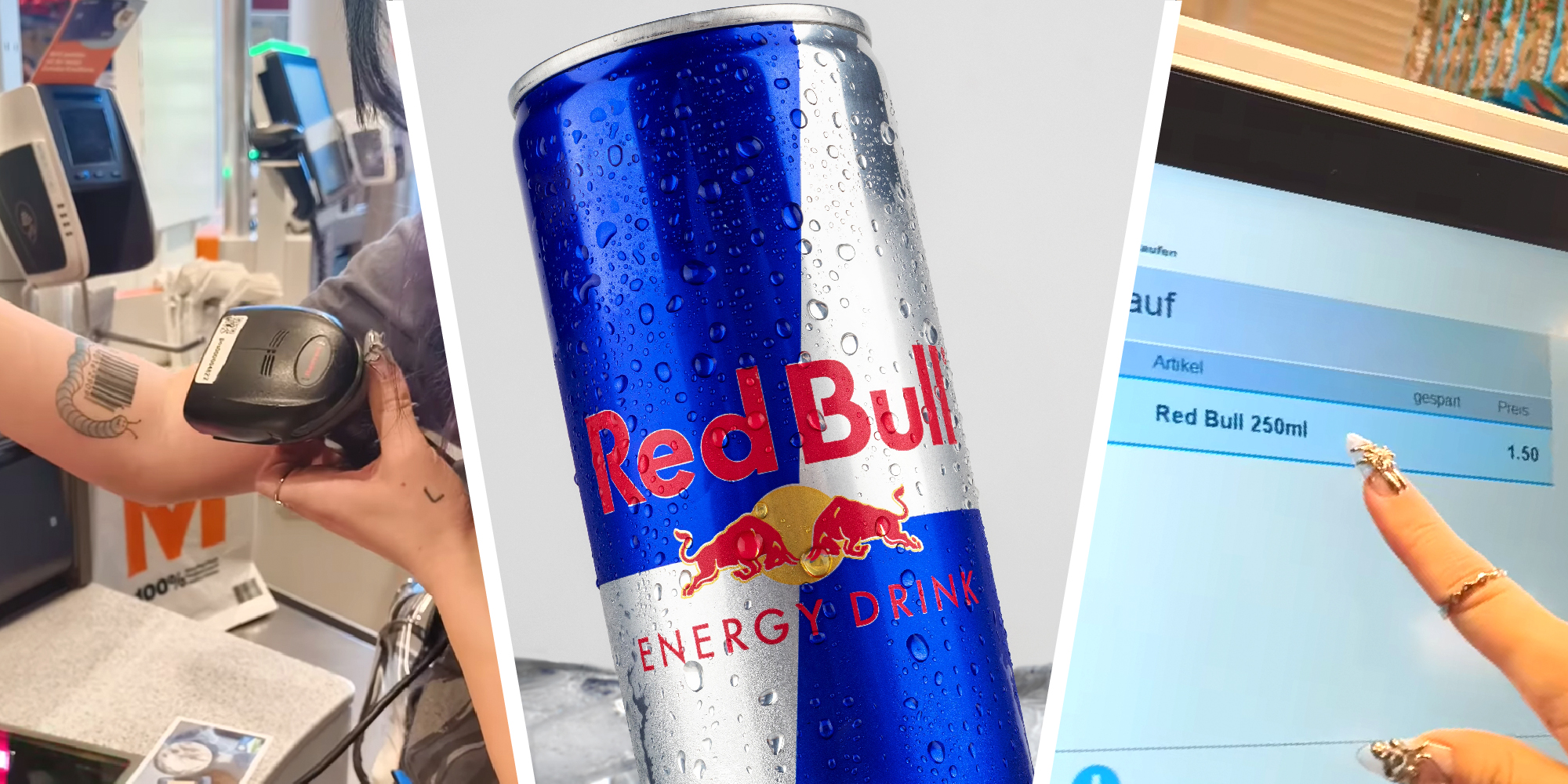 3 panel image of a person scanning a barcode on their arm, a can of Red Bull energy drink, and the person pointing at a elf check out screen.