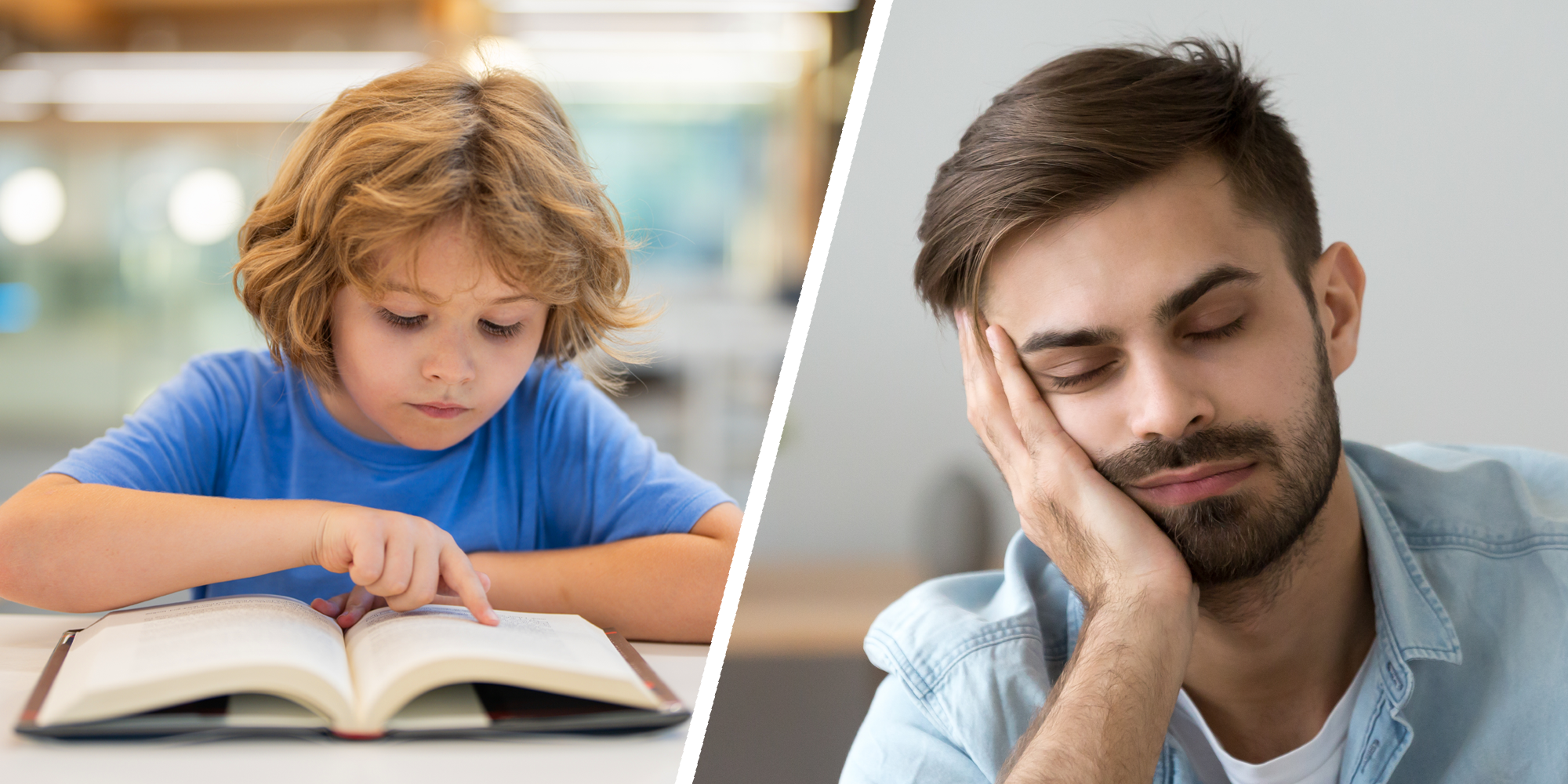 2 panel image of a child reading and an adult who looks bored