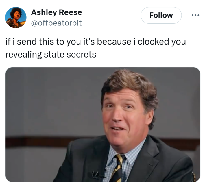 Tweet that reads, "if i send this to you it's because i clocked you revealing state secrets" with a photo of Tucker Carlson looking smug.