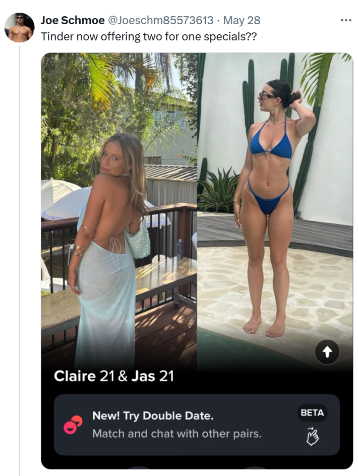 Tweet that reads, "Tinder now offering two for one specials??" with a screenshot of the Tinder app with the Double Date feature.