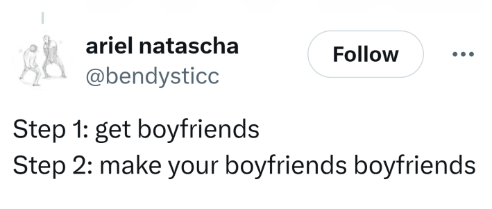 Tweet that reads, "Step 1: get boyfriendsStep 2: make your boyfriends boyfriends"