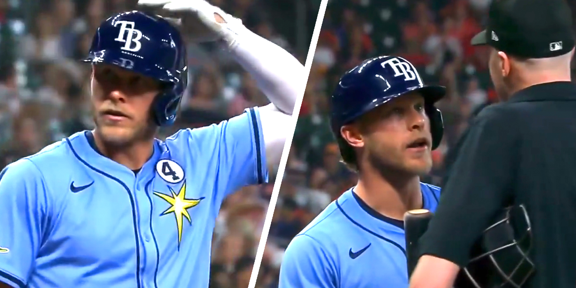 2 panel image showing professional baseball player Taylor Walls disagreeing with a referee.