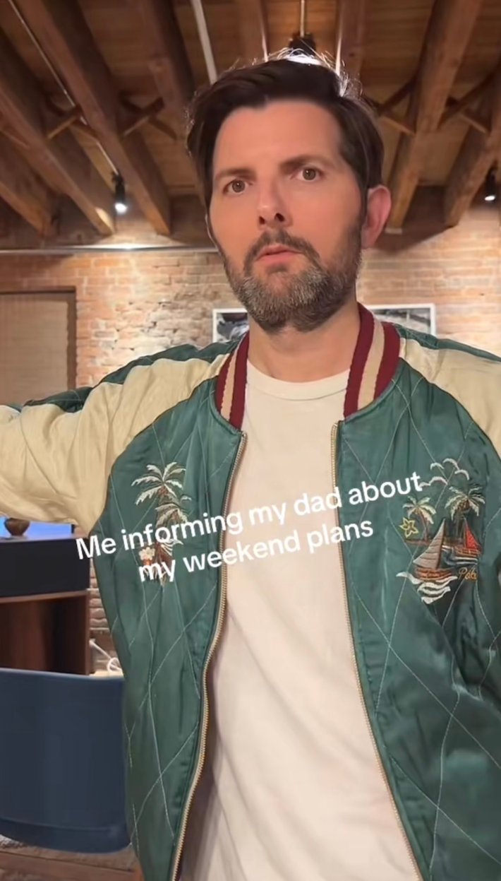 Adam Scott in a TikTok video trying to look casual.