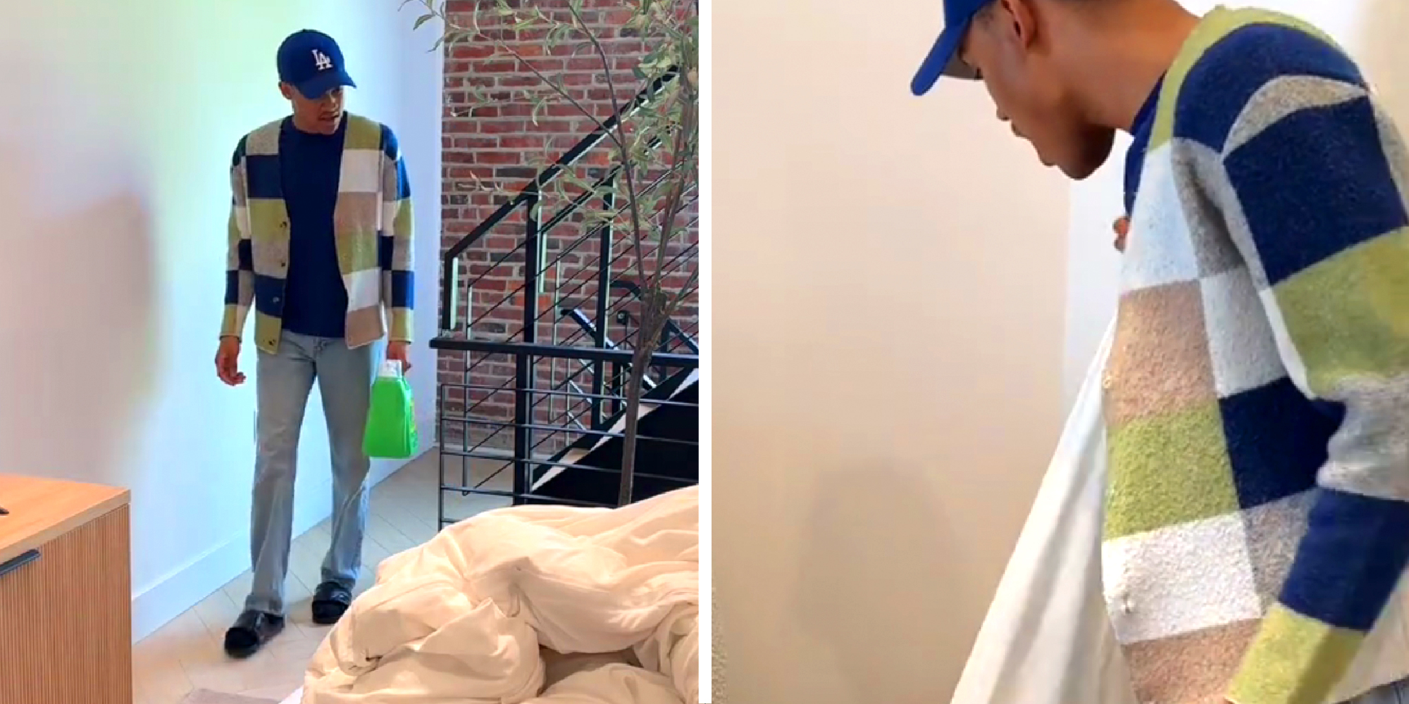 2 panel image showing the person looking around an apartment.