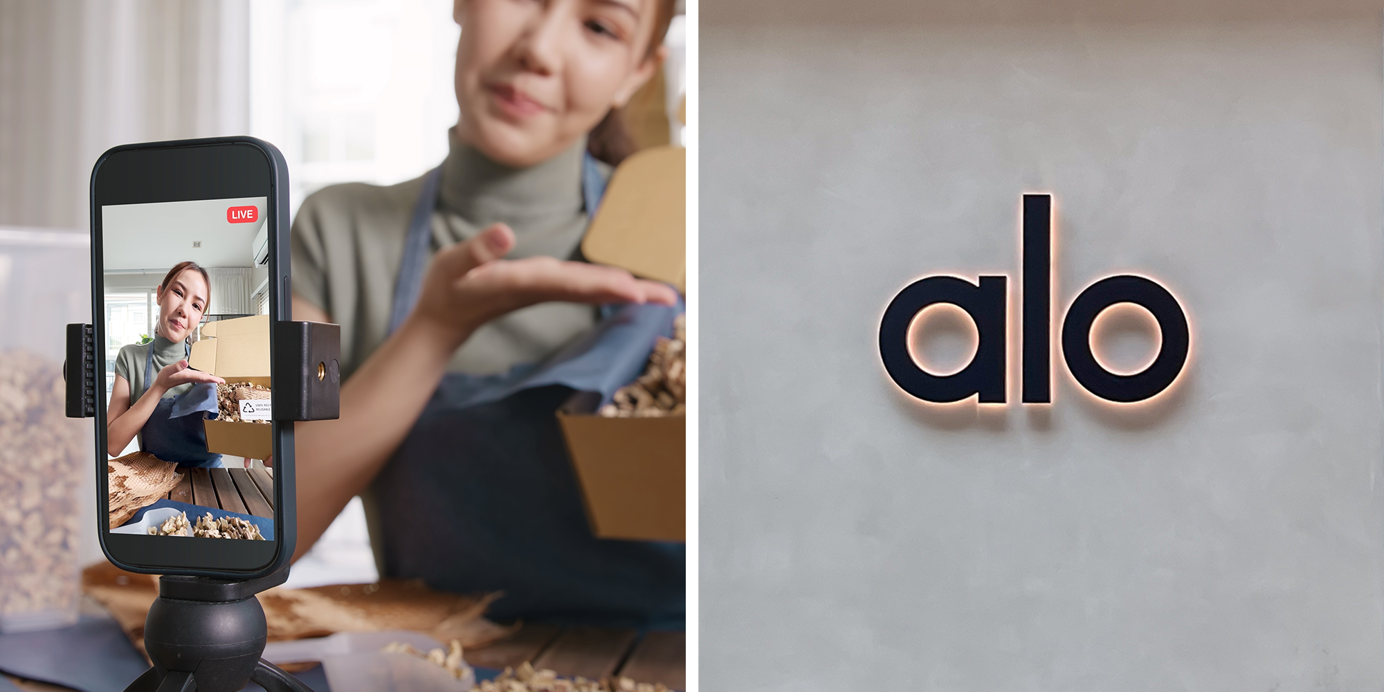 A content creator films herself pointing to something in a box. Alo Yoga storefront.