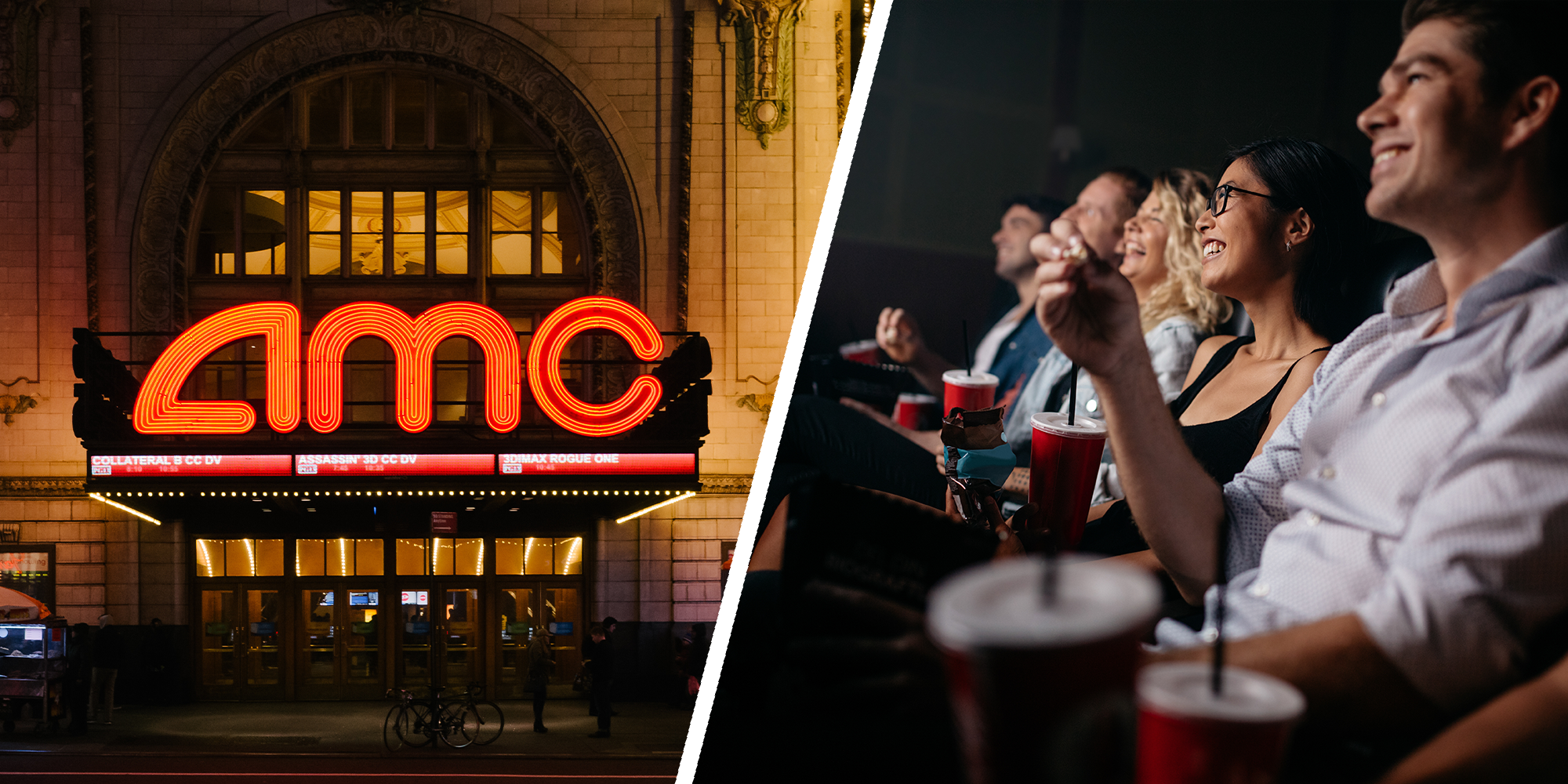Left; A bright AMC theater exterior in Manhattan, New York. Right; a group of movie-goers laugh at a film while enjoying drinks and popcorn.