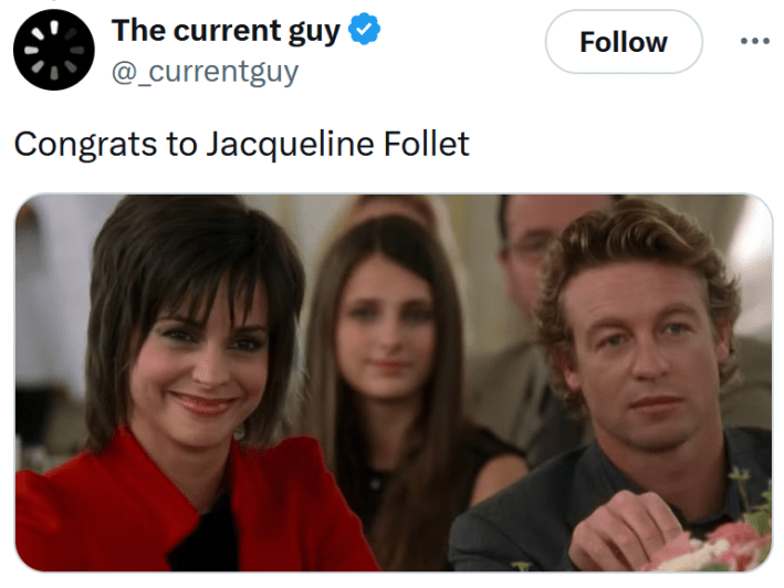 Tweet reading "Congrats to Jacqueline Follet"