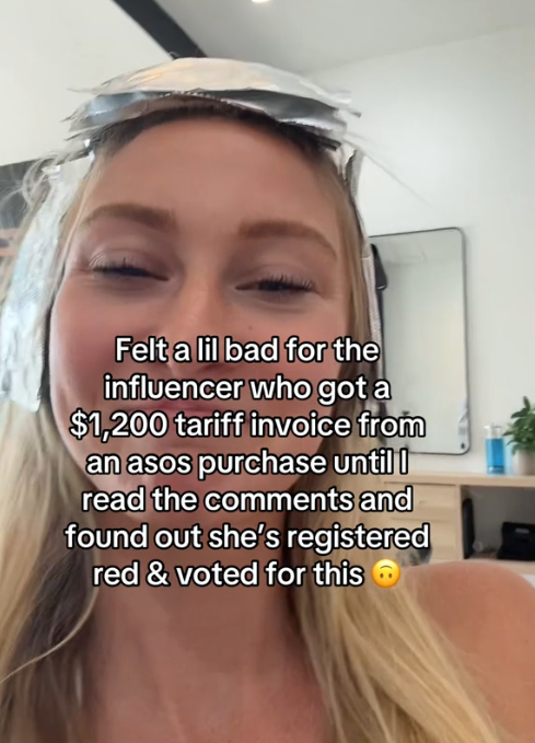 TikTok video of a woman smiling at the camera with a caption reading "Felt a lil bad for the influencer who got a $1,200 tariff invoice from an asos purchase until I read the comments and found out she's registered red & voted for this"