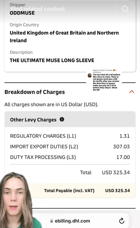 TikTok video showing a DHL invoice for tariff charges on an ODDMUSE order.