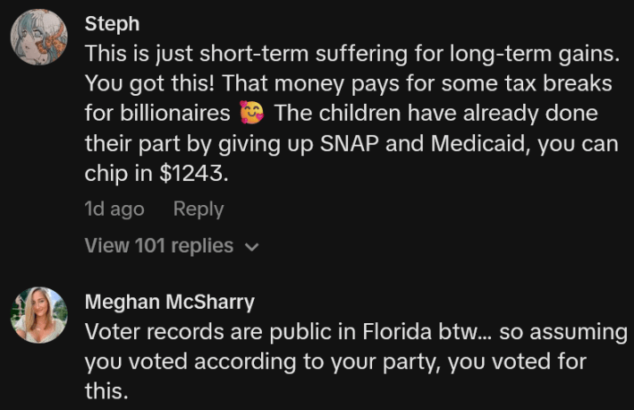TikTok comments including one reading "This is just short-term suffering for long-term gains. You got this! That money pays for some tax breaks for billionaires. The children have already done their part by giving up SNAP and Medicaid, you can chip in $1243."