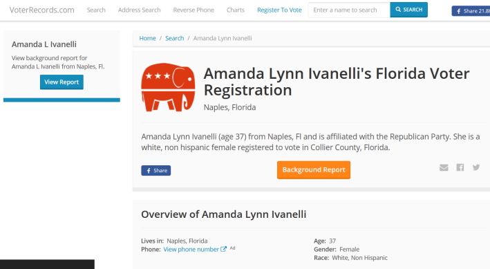Screenshot of the VoterRecords.com page for Amanda Lynn Ivanelli listing her as a Republican.