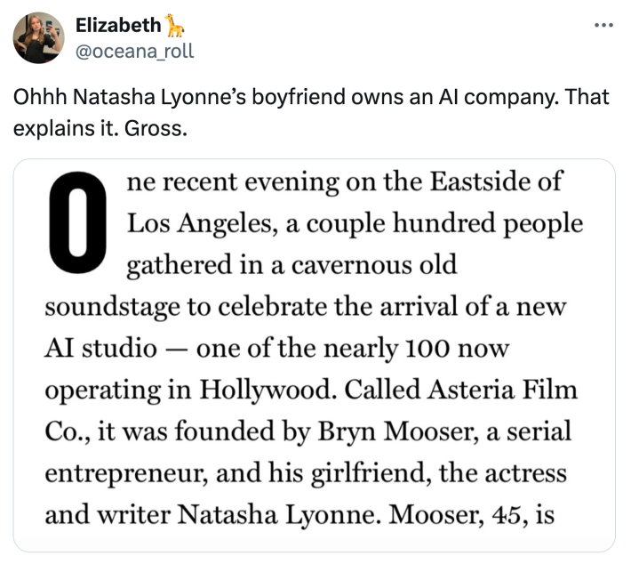 Tweet that reads, "Ohhh Natasha Lyonne’s boyfriend owns an AI company. That explains it. Gross."