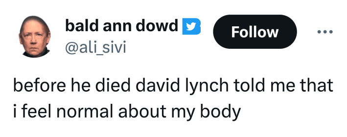 Tweet that reads, "before he died david lynch told me that i feel normal about my body"