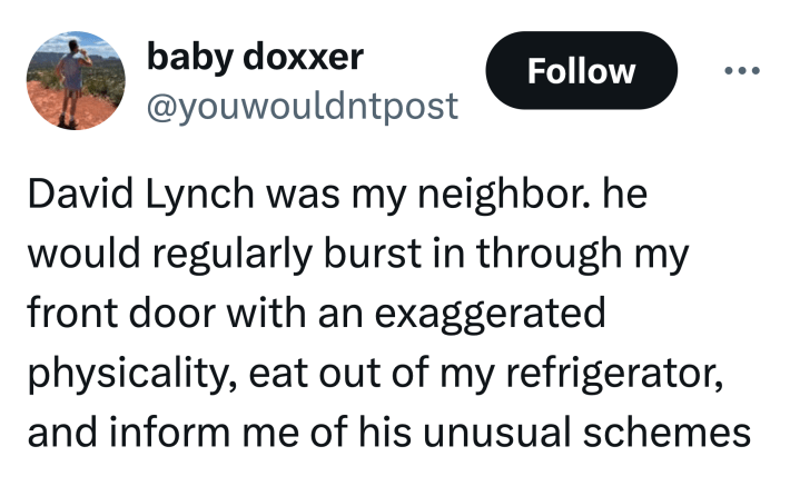 Tweet that reads, "David Lynch was my neighbor. he would regularly burst in through my front door with an exaggerated physicality, eat out of my refrigerator, and inform me of his unusual schemes"