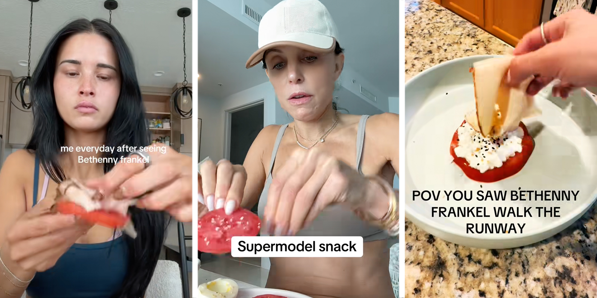 3 panel: Bethenny Frankel making a "supermodel snack" out of tomatoes, cottage cheese, and turkey