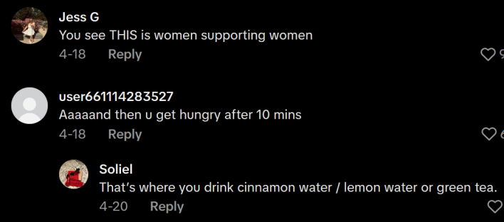 TikTok comments including one reading "You see THIS is women supporting women"