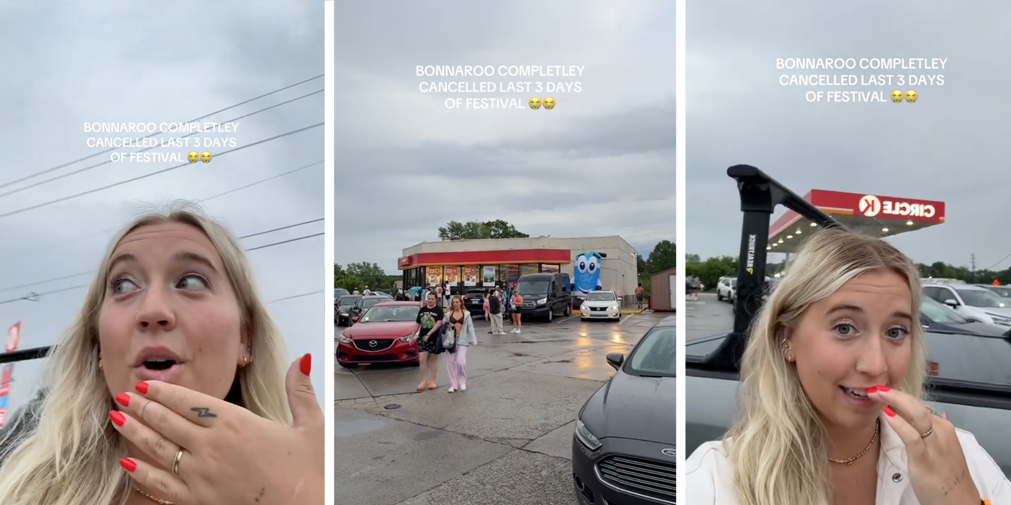 Woman stands outside of Circle K, stunned over Bonnaroo festival cancellation.