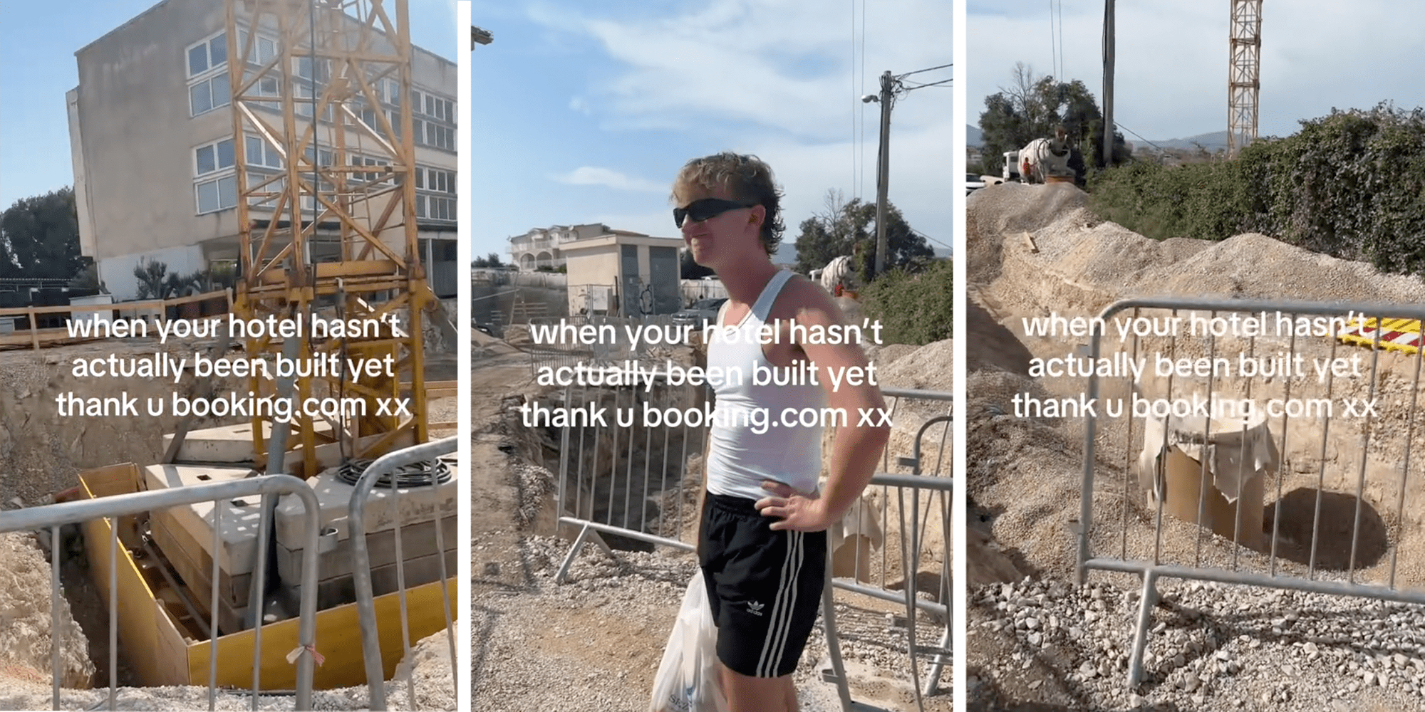 Two panels show a construction site with just a few holes dug into the ground. A person stands with their hands on their hips in the middle of the site, dumbfounded.
