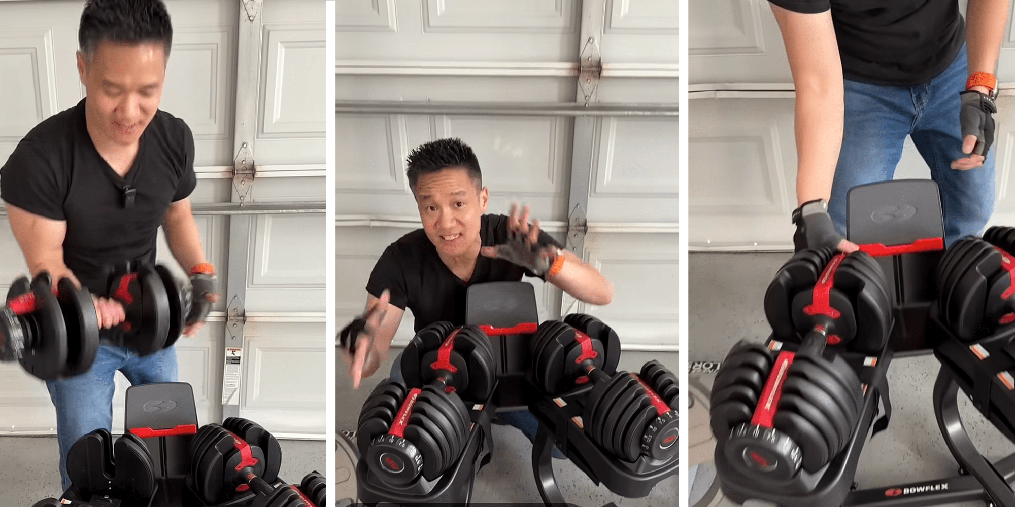 Man shows off Bowflex dumbells in his garage.