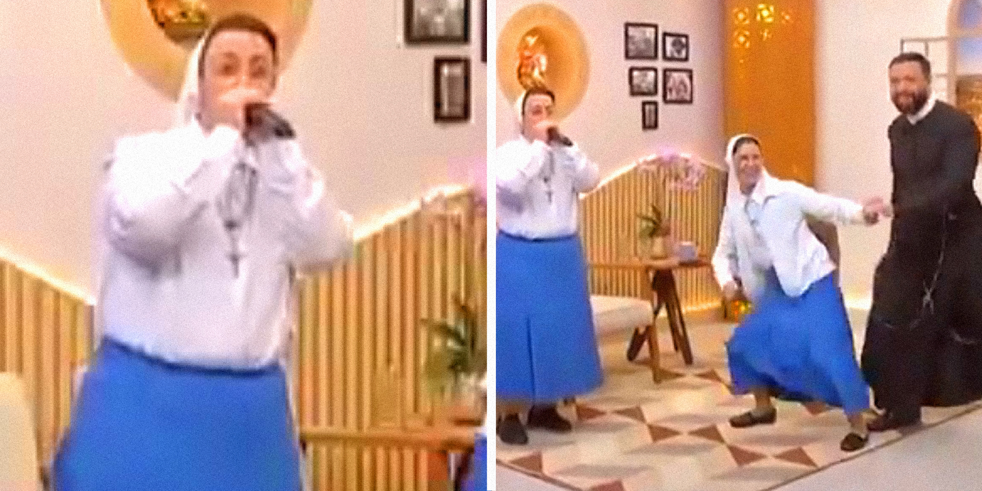 Scenes from the nun singing and beat boxing.