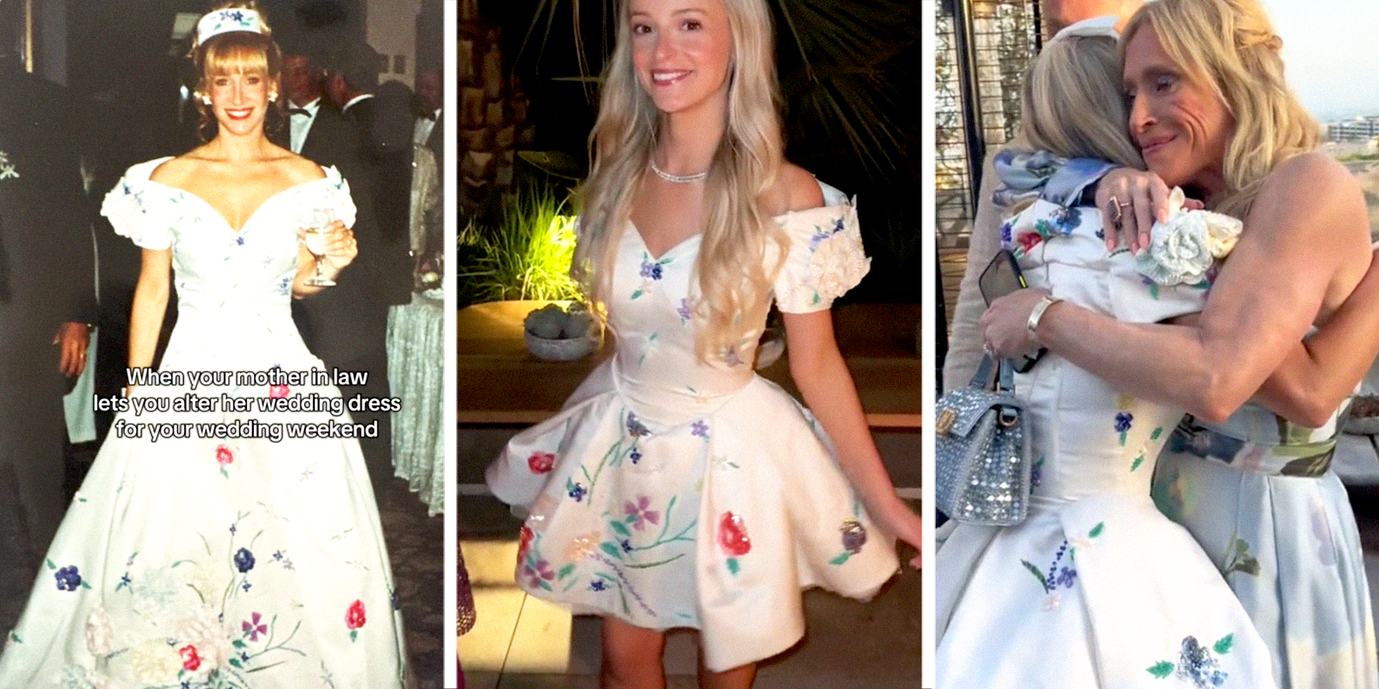 3 panel image of a bride wearing altered version of mother in law's wedding dress