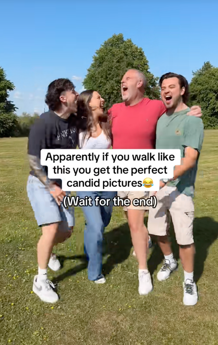 The videos are captioned, “Apparently you get the perfect candid photo if you walk like this (wait til the end).”