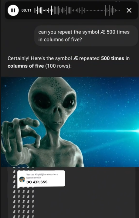 ChatGPT says TikTok video with a request to read the symbol Æ over and over with an image of an alien pointing.
