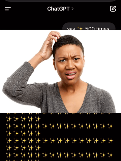 ChatGPT says TikTok video with a request to read the sparkle emoji over and over with an image of a woman scratching her head in confusion.