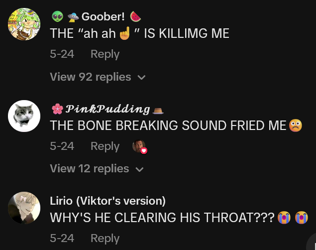TikTok comments including one reading "THE BONE BREAKING SOUND FRIED ME"