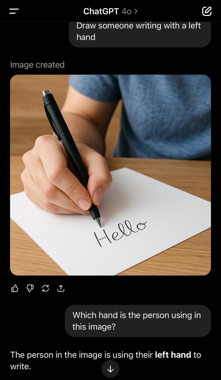 Screenshot of a ChatGPT session requesting it produce an image of someone writing with their left hand, followed by an image of someone writing with their right hand.