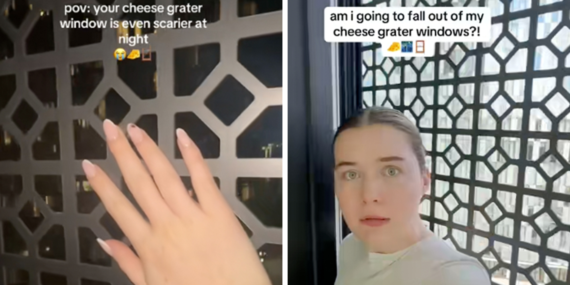 Left: Manicured hand over a cheese grater window in Manchester, UK, Right: Woman standing in front of her cheese grater window