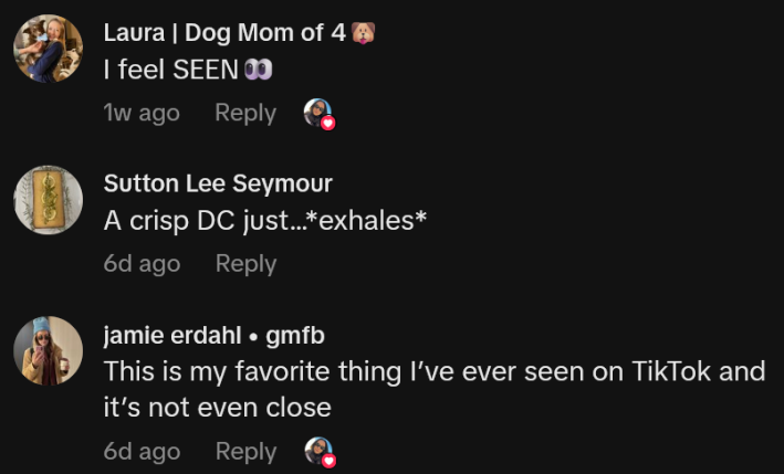 TikTok comments including one reading "This is my favorite thing I’ve ever seen on TikTok and it’s not even close"