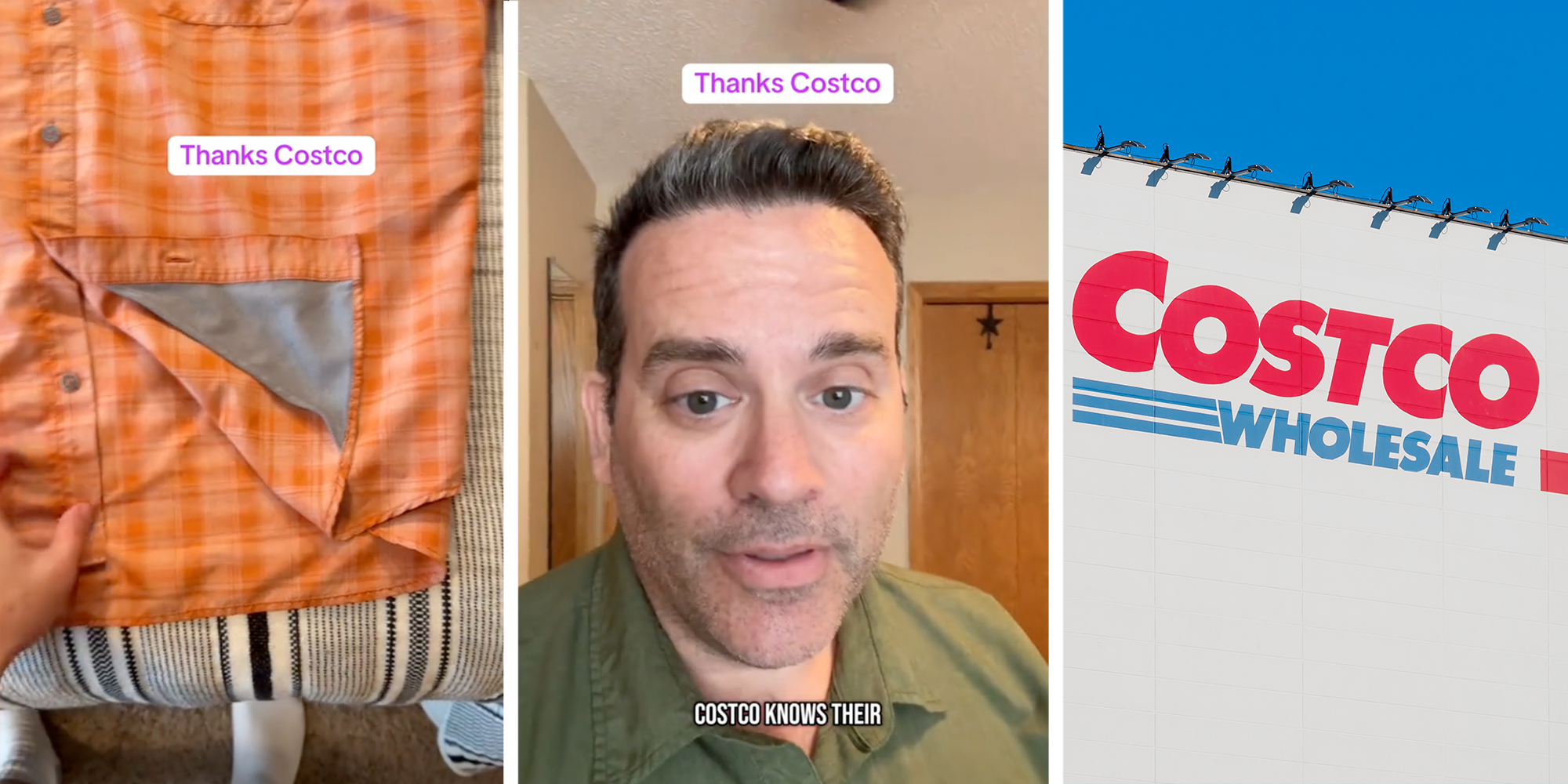 Orange button-up shirt with a triangle-shaped piece of cloth sewn into the corner. A man in a green shirt. The outside of a Costco location.