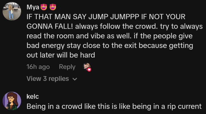 Crowd safety TikTok comments including one reading "IF THAT MAN SAY JUMP JUMPPP IF NOT YOUR GONNA FALL! always follow the crowd. try to always read the room and vibe as well. if the people give bad energy stay close to the exit because getting out later will be hard"