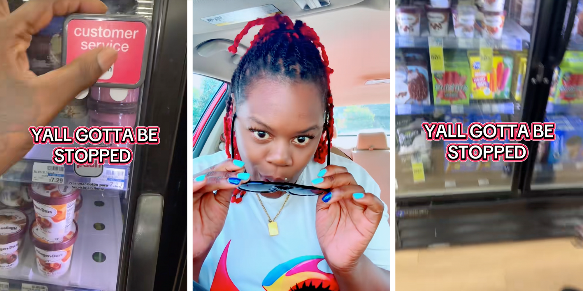Woman presses "Customer Service" button at CVS to unlock ice cream fridge.Behind the glass, there are various flavors of ice cream. Another panel shows her looking into the camera with her sunglasses pulled down.