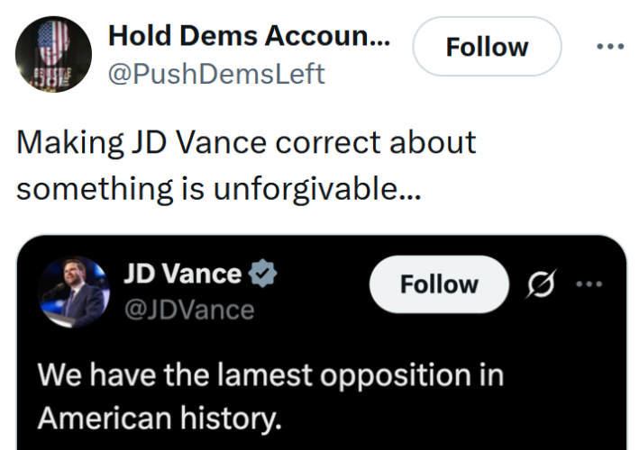 Tweet reading "Making JD Vance correct about something is unforgivable..." over a screenshot of his post.