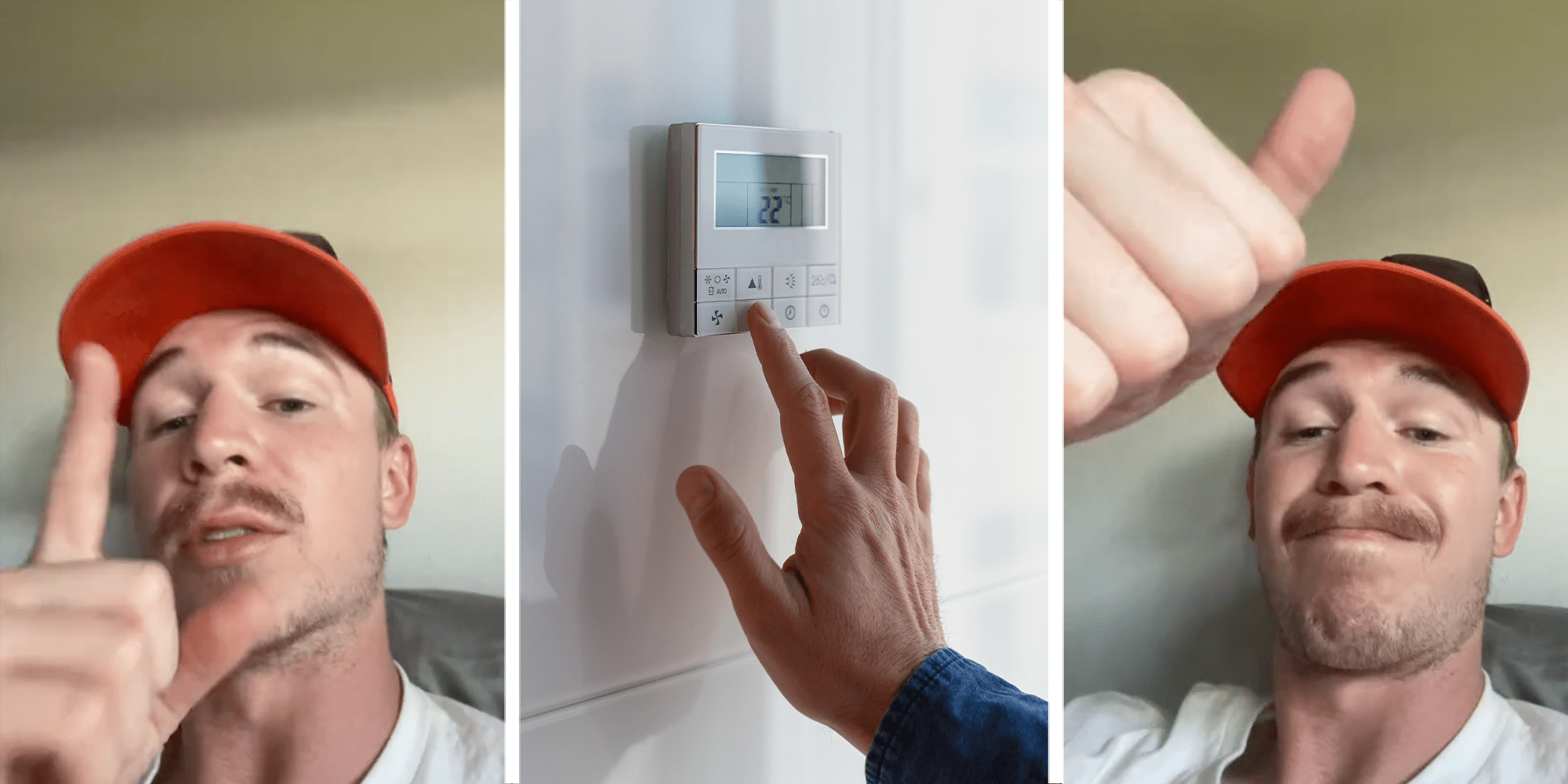 Man in red hat points finger up, then gives a thumb's up and a cheeky smile. A separate stock photo shows a hand turning off a digital thermostat.