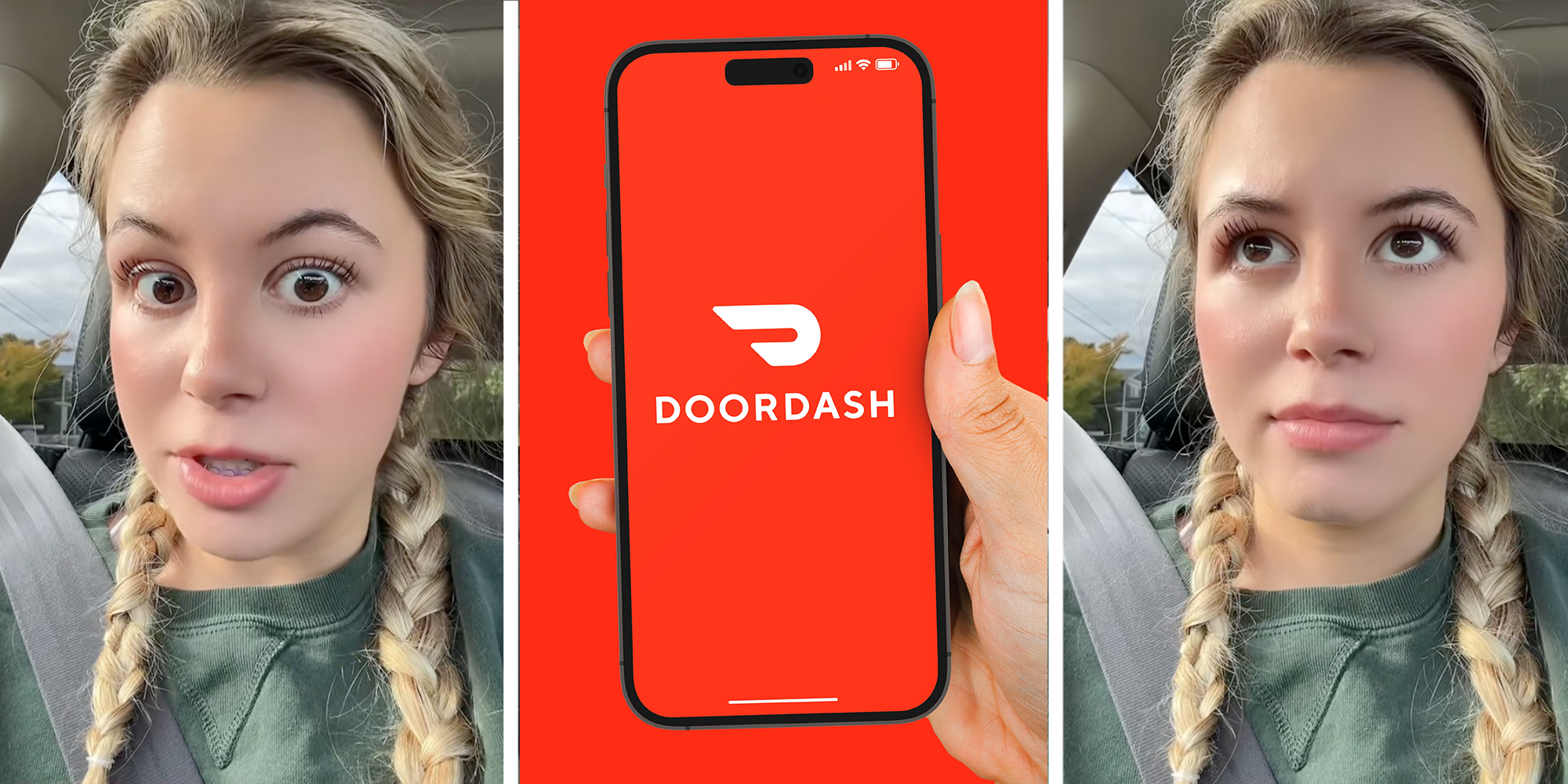 Woman with braids looks at the camera with wide eyes. DoorDash logo open on an iPhone.