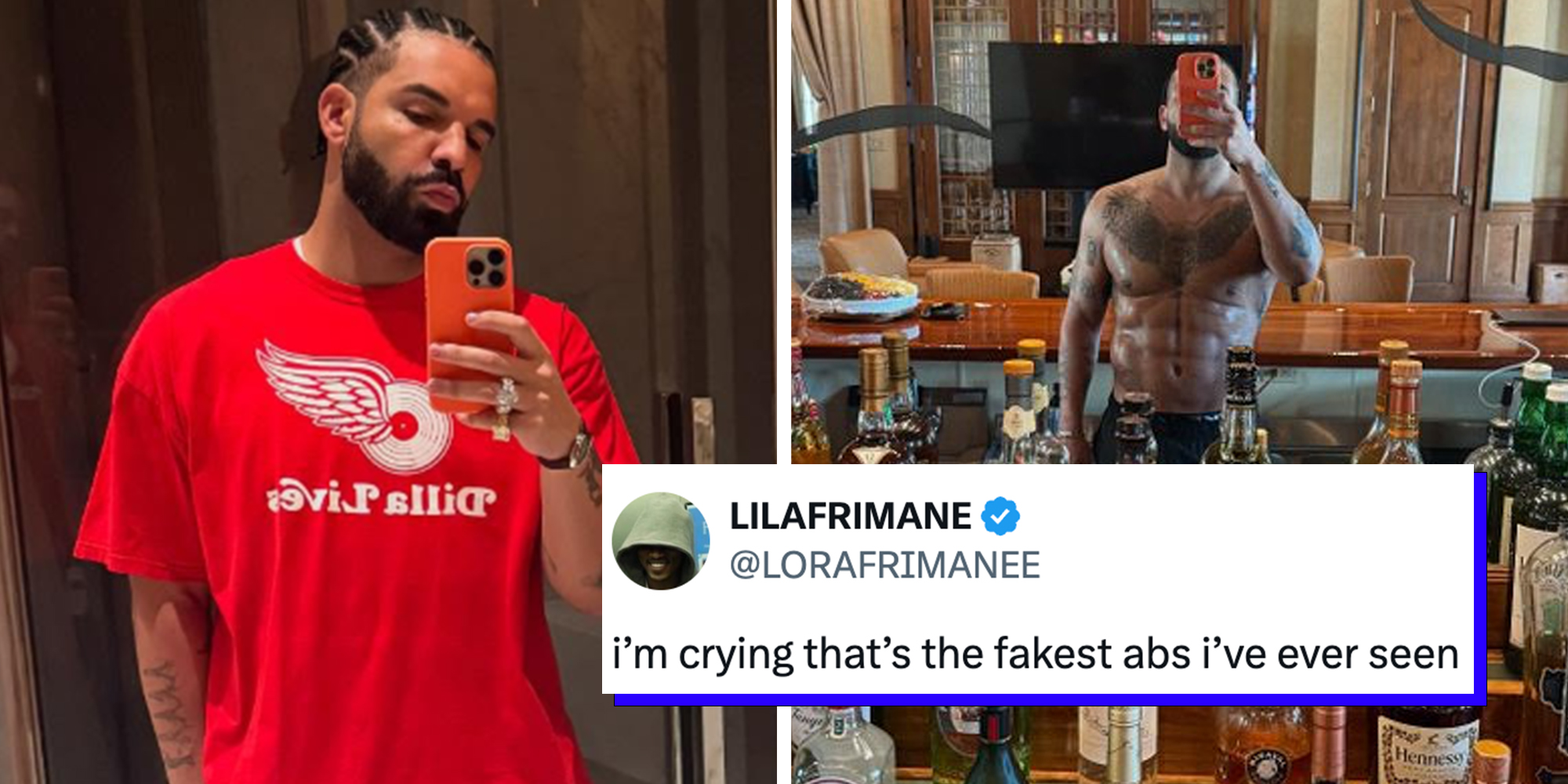 Left: Rapper Drake in a selfie Right: Rapper drake showing his abs in a selfie, with tweet overlay reading: "I'm crying that's hte fakest abs I've ever seen"