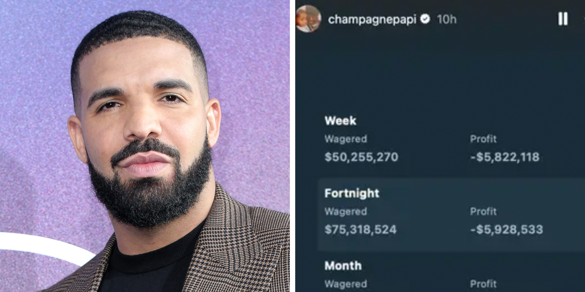Left: Rapper Drake Right: Screenshot from Drake's Instagram stories showing his gambling losses