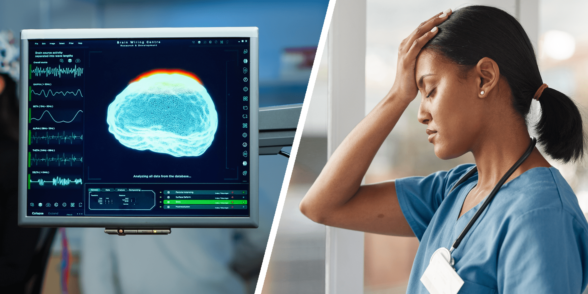 2 panel image of an EEG machine and a stressed healthcare worker.