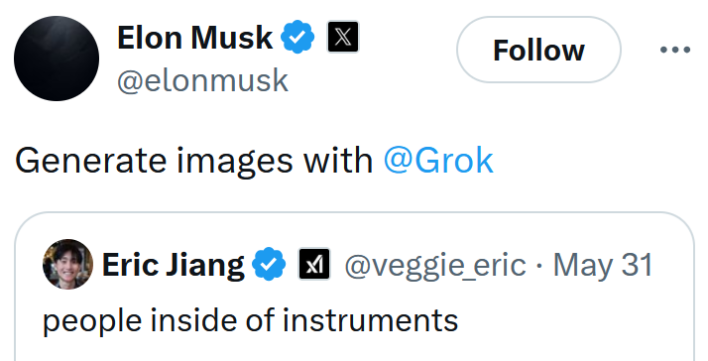 Quote tweet by Elon Musk reading "Generate images with @Grok" over a post reading "people inside of instruments."