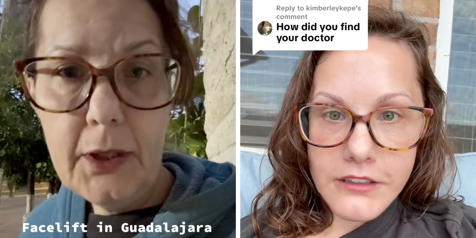 Left: TikToker Michelle Wood under caption reading "Facelift in Guadalajara" before her surgery Right: Michelle Wood after her facelift in Guadalajara, looking decades younger