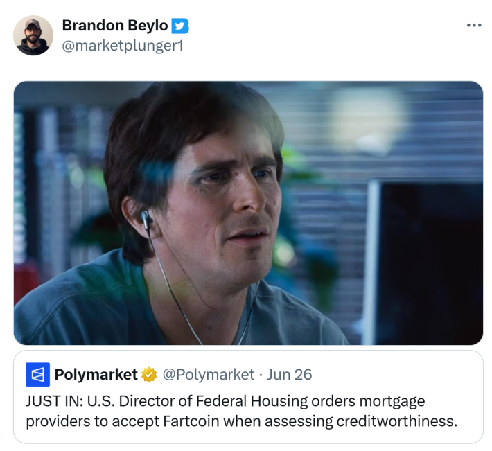 Tweet image of Christian Bale looking at a computer screen in confusion, as if reacting to the news of fartcoin mortgages.