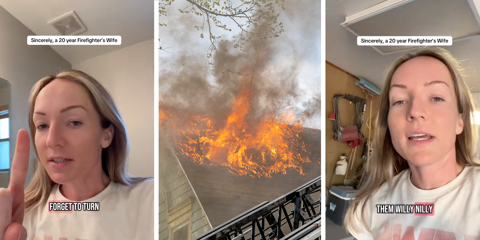 Firefighter's wife gives warning about common home appliance that can start house fires. Another panel shows the roof of a home engulfed in flames.